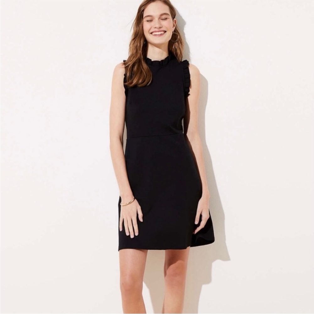 LOFT Black Ponte Ruffle Neck Sleeveless Mini Dress